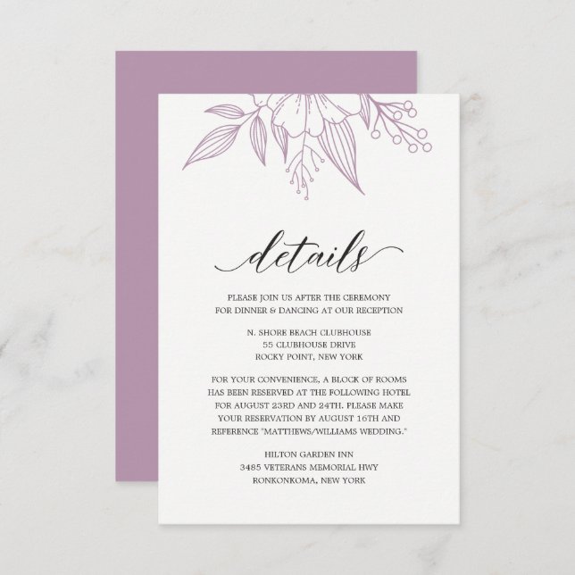 Einfache Elegante Blumenhochzeit Lavender Lila Begleitkarte (Vorne/Hinten)