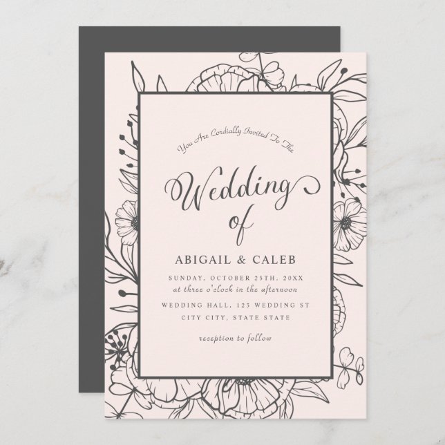 Einfache Elegante Blumenkizze Pink & Gray Hochzeit Einladung (Vorne/Hinten)