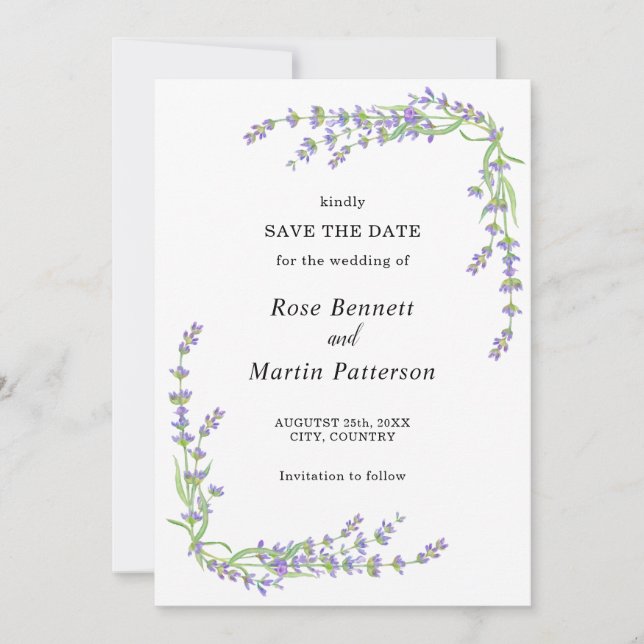 Einfache elegante, blumenminimalistische Lavendel Save The Date (Vorderseite)