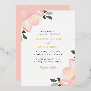 Einfache, elegante Blush Pink Floral Wedding Gold Folieneinladung