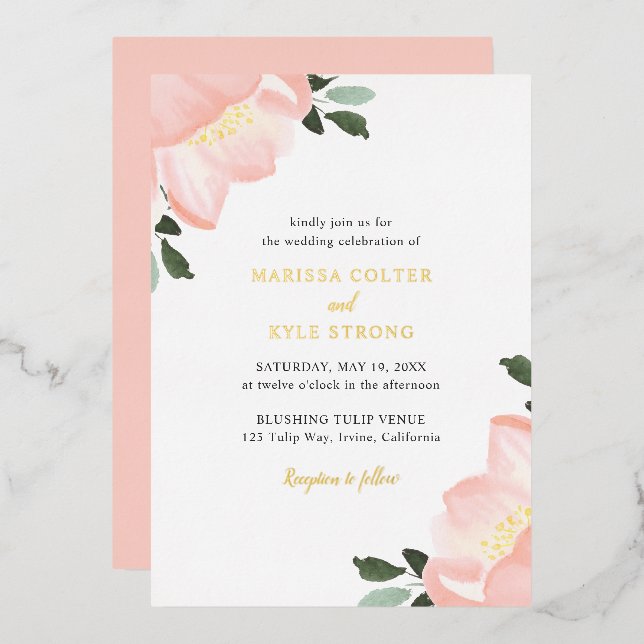 Einfache, elegante Blush Pink Floral Wedding Gold Folieneinladung (Vorderseite/Rückseite)