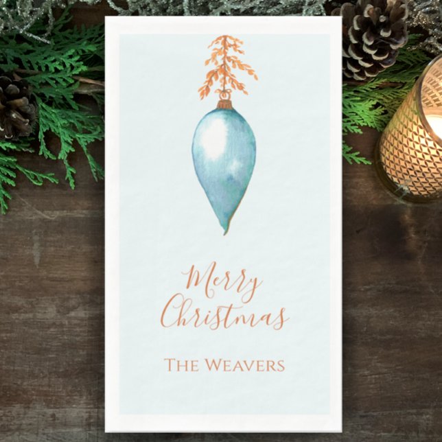 Einfache Elegante Botanisches Wasser Weihnachten Serviette (Personalize the elegant script of this hand painted blue vintage Christmas dinner napkin. 
)