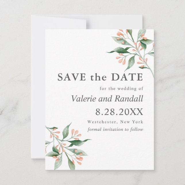 Einfache elegante botnanische Hochzeit Sichern Sie Save The Date (Vorderseite)