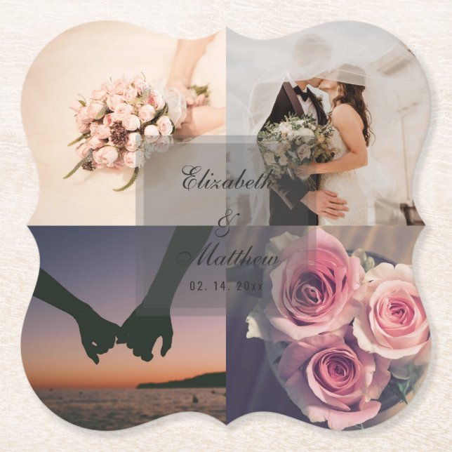 Einfache Elegante Braut & Bräutigam Foto Collage W Untersetzer (Vorderseite)