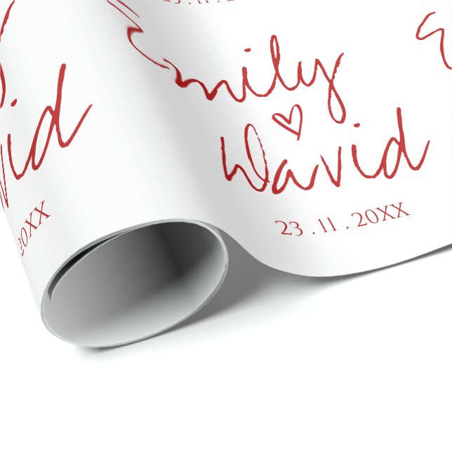 Einfache Elegante Braut Groom Names Red Heart Wedd Geschenkpapier (Rolleneckpunkt)