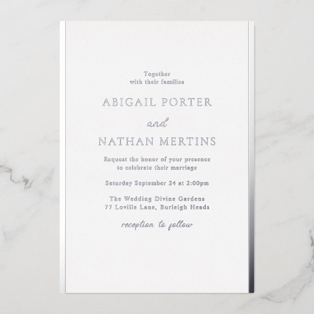 Einfache, elegante Braut- und SilberDesigner-Hochz Folieneinladung (Vorderseite)