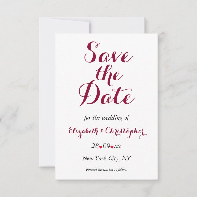 Einfache Elegante Burgundy White Wedding Verlobung Save The Date (Vorderseite)