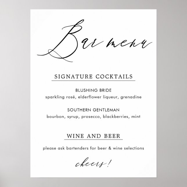 Einfache Elegante Calligrafy Bar Menu Sign Poster (Vorne)