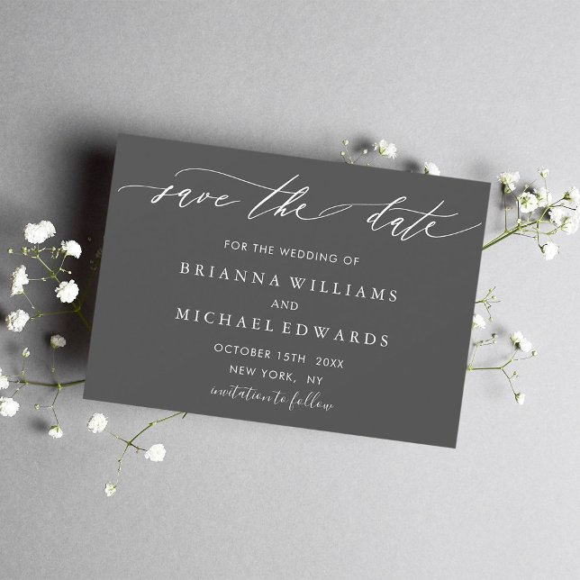 Einfache Elegante Calligraphie Gray Wedding Save The Date (Von Creator hochgeladen)
