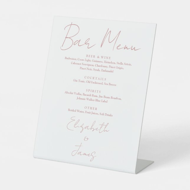 Einfache Elegante Dusty Rose Rosa Script Bar Menu Sockelschild (Vorderseite)