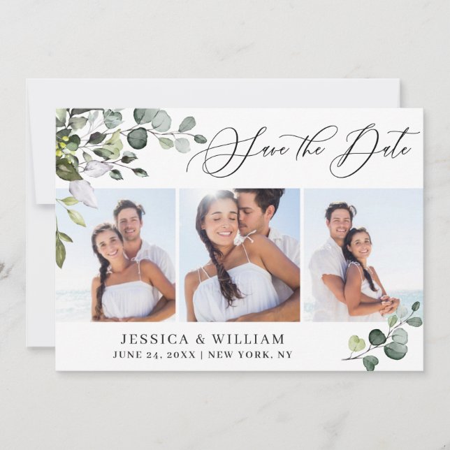 Einfache Elegante Eucalyptus 3 Foto Hochzeit Save The Date (Vorderseite)