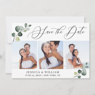Einfache elegante Eukalyptus 3-Fotos Hochzeit Save The Date