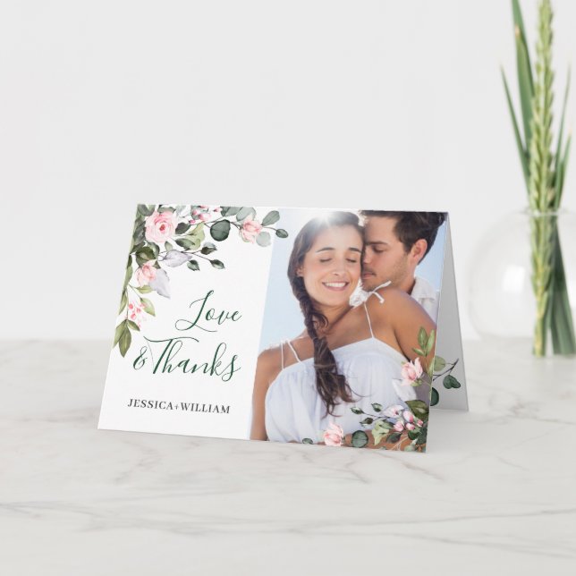 Einfache Elegante Eukalyptus Blush Pink Roses Hoch Dankeskarte (Vorderseite)