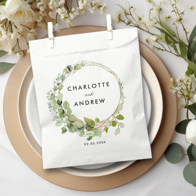 Einfache, elegante Eukalyptus Geschenktütchen (Simple, elegant eucalyptus wedding favor bag with your name and date.)