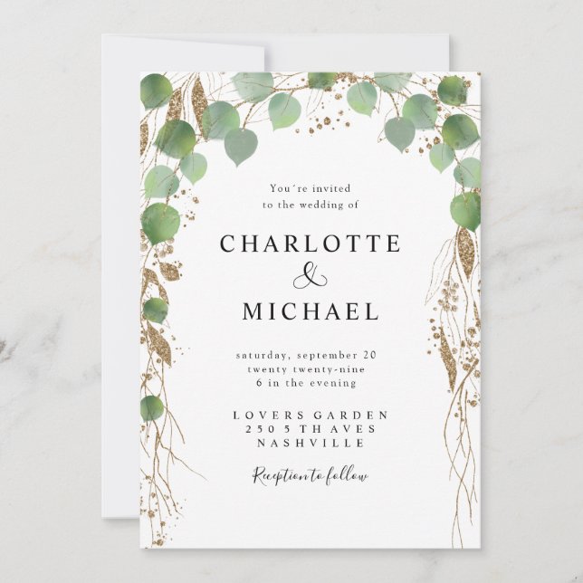 Einfache, elegante Eukalyptus-Glitzer Einladung (Vorderseite)