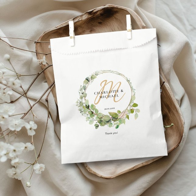 Einfache, elegante Eukalyptus-Hochzeit auf Monogra Geschenktütchen (Simple, elegant, monogram eucalyptus "Thank You!" wedding favor bag with your name and bag.)