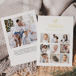 Einfache Elegante Family Foto Grid | Gold Weihnach Folien Feiertagskarte