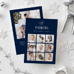 Einfache Elegante Family Foto Grid | Silber Folien Feiertagskarte<br><div class="desc">Diese schlichte und minimalistische, silberne Urlaubskarte verfügt über eine elegante 9-Foto-Collage auf der Vorderseite und ein zusätzliches Foto auf der Rückseite, für insgesamt zehn Ihrer Lieblings-Fotos. Klassische Silberkalligraphie und moderner Text für Ihren Familiennamen auf dunkelblauem Hintergrund sorgen für eine stilvolle Touch. Die Rückseite hat auch Platz für Ihre persönliche Weihnachten...</div>
