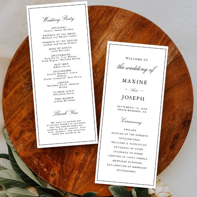 Einfache elegante formelle weiße und schwarze Hoch Programm (Elegant white and black wedding program guides guests through your day with style.)