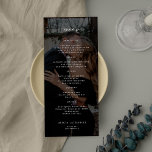 Einfache, elegante Foto-Black-Hochzeit Menükarte<br><div class="desc">Trendy dunkle Foto Overlay Schwarz-Weiß minimalistische Typografie benutzerdefinierten Text Vorlage Hochzeitsmenü Karte.</div>