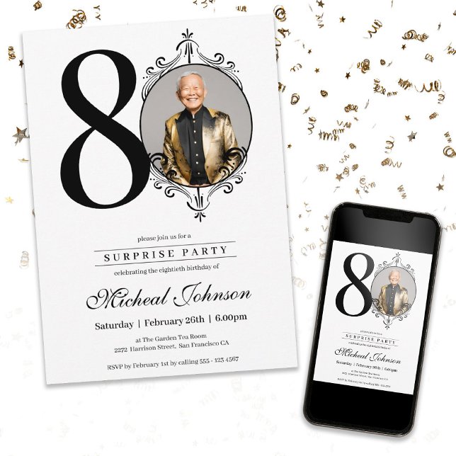 Einfache Elegante Foto Überraschung 80. Geburtstag Einladung (Simple Elegant Photo Surprise 80th Birthday Party Invitation)