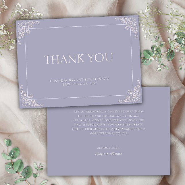 Einfache Elegante French Lilac Regency Era Wedding Dankeskarte (simple purple and blush pink french lilac colors wedding event thank you cards with message no photo)