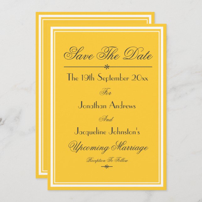 Einfache, elegante, gelbe Save the Date Hochzeit Ankündigung (Vorne/Hinten)