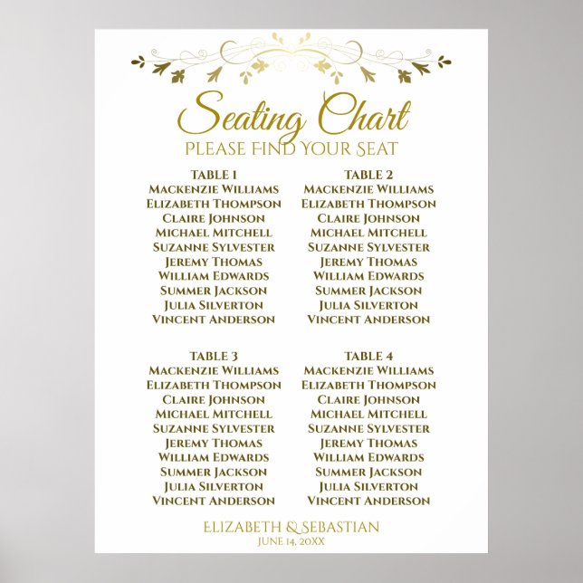 Einfache elegante Gold 4 Table Wedding Chart Poster (Vorne)