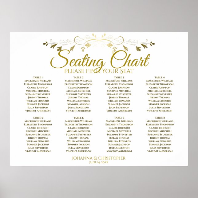 Einfache elegante Gold 8 Table Wedding Chart Poster (Vorne)