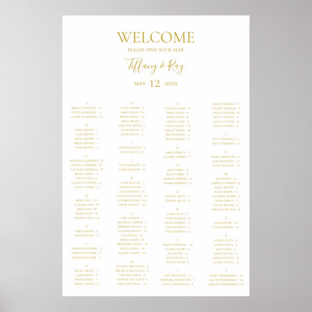 Einfache elegante Gold Alphabetische Sitzkarte Poster (Vorne)