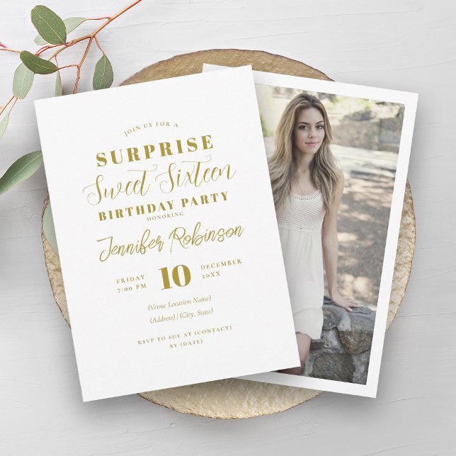 Einfache Elegante Gold Foto SURPRISE Sweet 16 Einladung (Simple Elegant Gold Photo SURPRISE Sweet 16 Invitation)