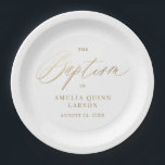 Einfache elegante Gold-Kalligrafie-Script-Taufe Pappteller<br><div class="desc">Unsere Teller mit dem einfachen,  eleganten Gold-Kalligraphie-Script-Baptismuspapier verfügen über ein Imitat Goldkalligraphie,  gepaart mit modernem Typ.</div>