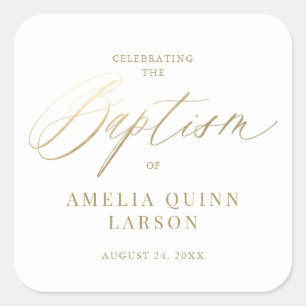 Einfache elegante Gold-Kalligrafie-Script-Taufe Quadratischer Aufkleber