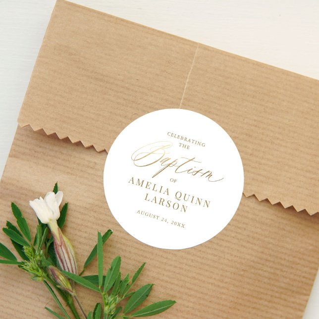 Einfache elegante Gold-Kalligrafie-Script-Taufe Runder Aufkleber (Von Creator hochgeladen)