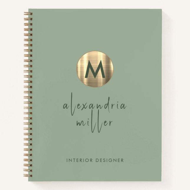 Einfache Elegante Gold Monogram Sage Notizbuch (Vorderseite)