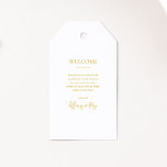 Einfache elegante Gold Wedding Begrüßungstags Geschenkanhänger<br><div class="desc">Diese schlichten,  eleganten Begrüßungstags aus Gold sind perfekt für Ihre moderne,  minimalistische,  weiße und goldene Hochzeit. Das Design besticht durch minimalen zeitgenössischen Gold-Schriftart,  begleitet von formaler Kalligraphie. Behalt es so,  wie es ist,  oder wählen Sie es mit Ihren eigenen Kunstwerken oder Fotos zu personalisieren!</div>