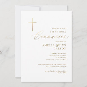 Einfache elegante goldene Erstkommunion Kreuz Einladung