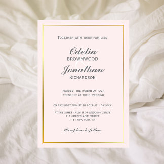 Einfache, elegante Goldrahmen & rosa Hochzeit Einladung