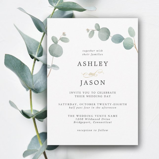 Einfache Elegante Grüne Eukalyptus Blätter Hochzei Einladung (This simple eucalyptus leaves wedding invitation is perfect for weddings in any season of the year.
)