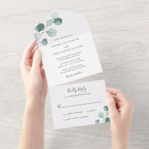 Einfache Elegante Grüne Rustikale Eukalyptus Weddi All In One Einladung