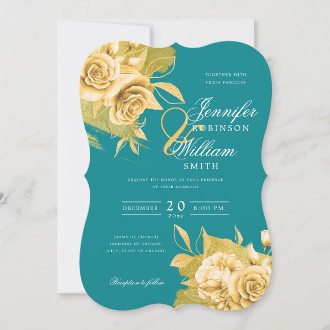Einfache Elegante Hochzeit Gold Floral & Foil Aqua Einladung (Vorderseite)