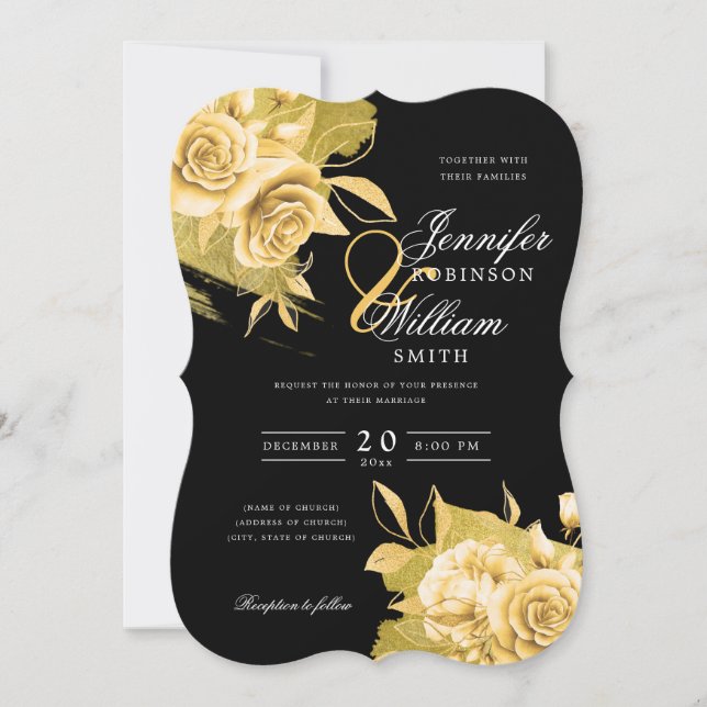 Einfache Elegante Hochzeit Gold Floral & Foil Schw Einladung (Vorderseite)