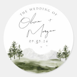 Einfache elegante Hochzeit im Watercolor-Gebirgswa Runder Aufkleber