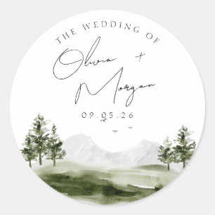 Einfache elegante Hochzeit im Watercolor-Gebirgswa Runder Aufkleber
