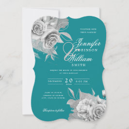 Einfache Elegante Hochzeit Silver Floral & Foil Aq Einladung