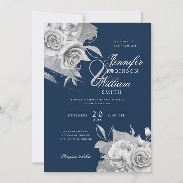 Einfache Elegante Hochzeit Silver Floral & Foil Na Einladung (Vorderseite)