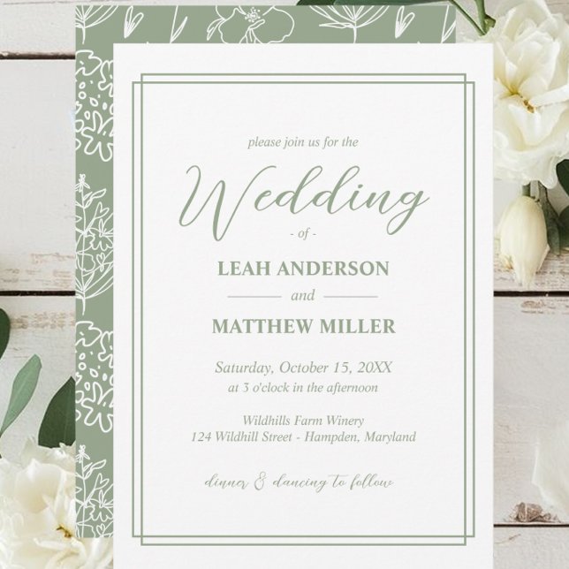 Einfache elegante Hochzeitseinladung mit Blumenmus Einladung (Minimalist Elegant Floral Wedding Invitation)
