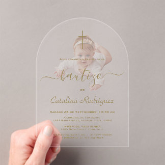 Einfache elegante Kalligrafie Baby-Foto-Taufe Acryleinladungen