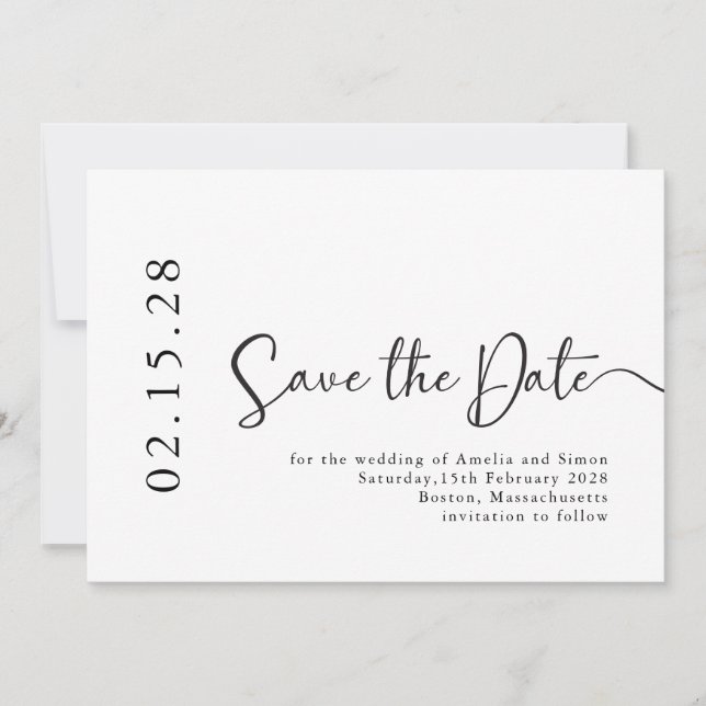 Einfache Elegante Kalligrafie Schriftart Schwarz & Save The Date (Vorderseite)