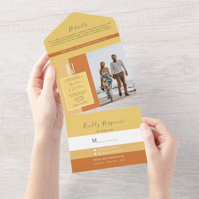 Einfache Elegante Kalligraphie Monogram Wedding All In One Einladung (Abreißen)